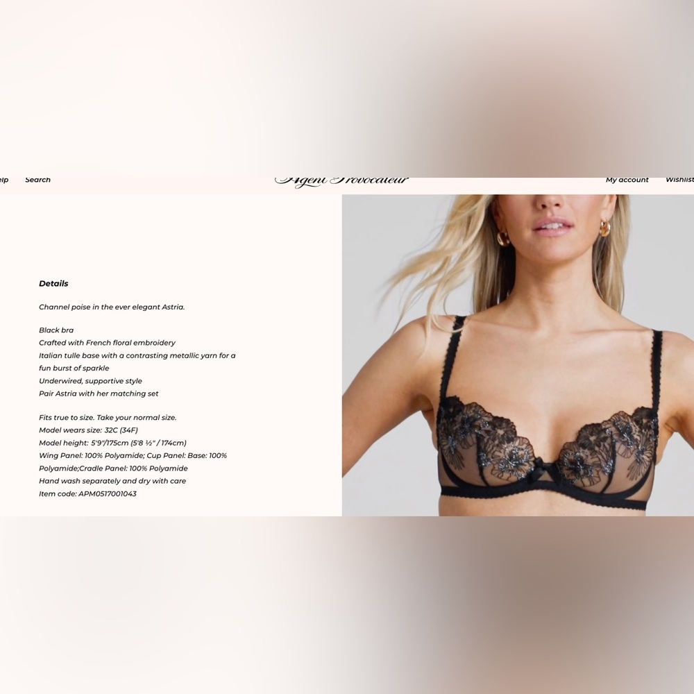 Agent Provocateur Astria Plunge Underwired Bra 32B in metallic black floral NWOT